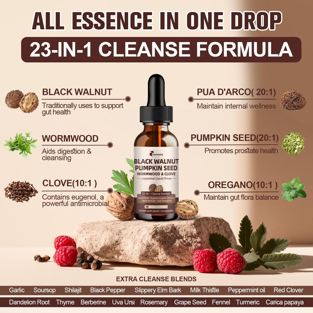 2-Pack Black Walnut Wormwood Clove Cleanse Drops - 23-in-1 Gut Health, Raspberry Flavor, 4 oz