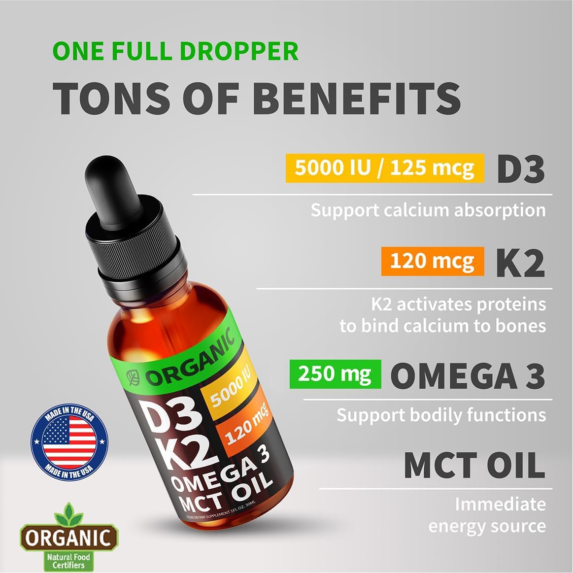 (2 Pack) Organic Vitamin D3 K2 Drops 5000 IU | MCT Oil, Omega-3, Unflavored 2 oz