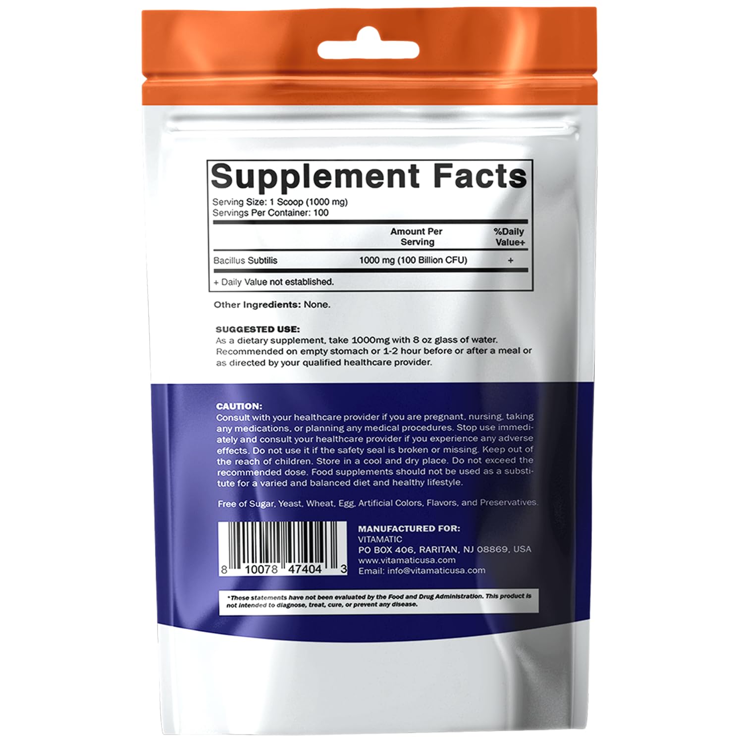Vitamatic Bacillus Subtilis Probiotic Powder – 100 Billion per Serving, 100 g