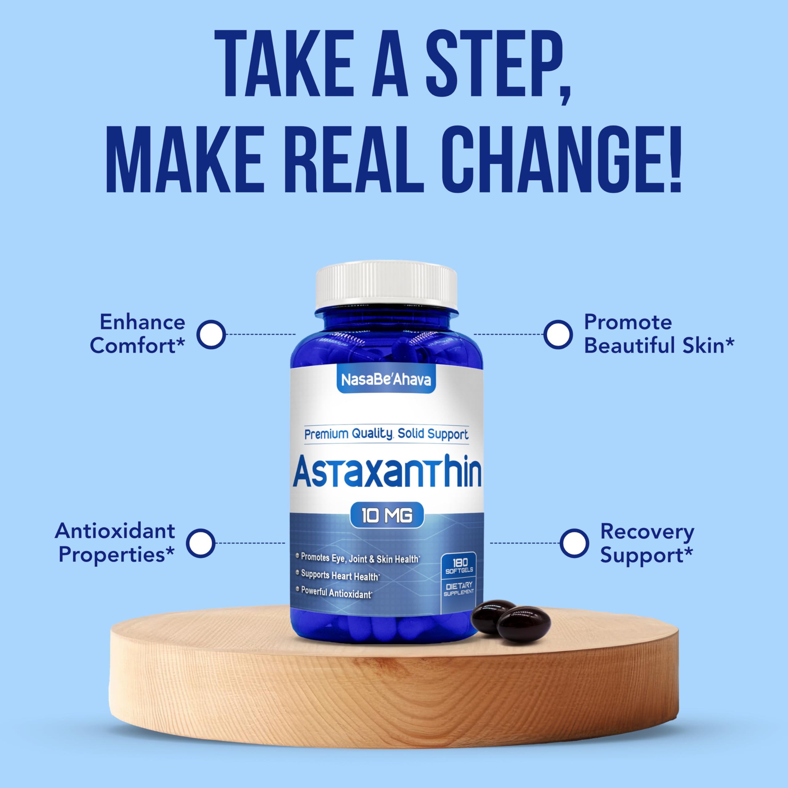 Astaxanthin 10mg Supplement for Eye & Skin Health | Haematococcus Pluvialis Microalgae | 180 Day Supply