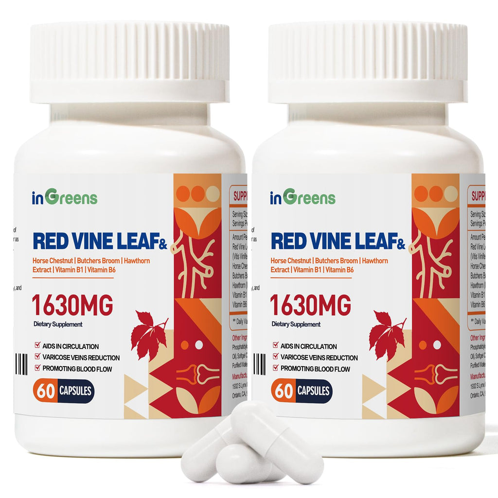 inGreens 1630mg Red Vine Leaf Extract - Varicose Veins & Circulation Support - 2 Pack - Made in USA