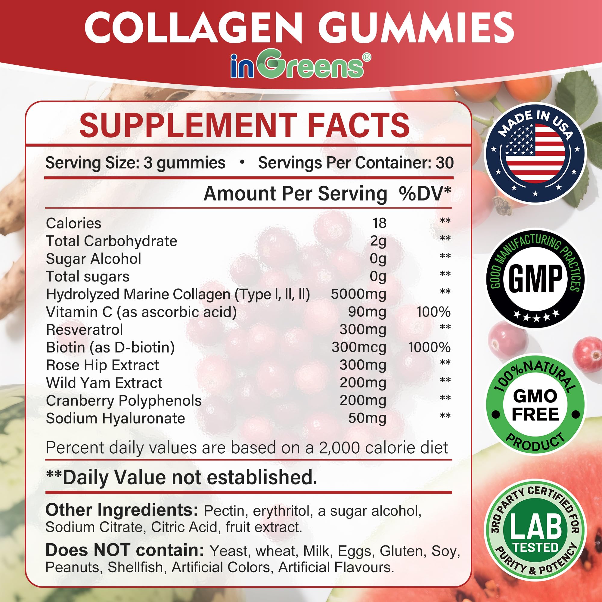 inGreens Collagen Gummies 5000mg – Sugar Free, Biotin, 90 Count