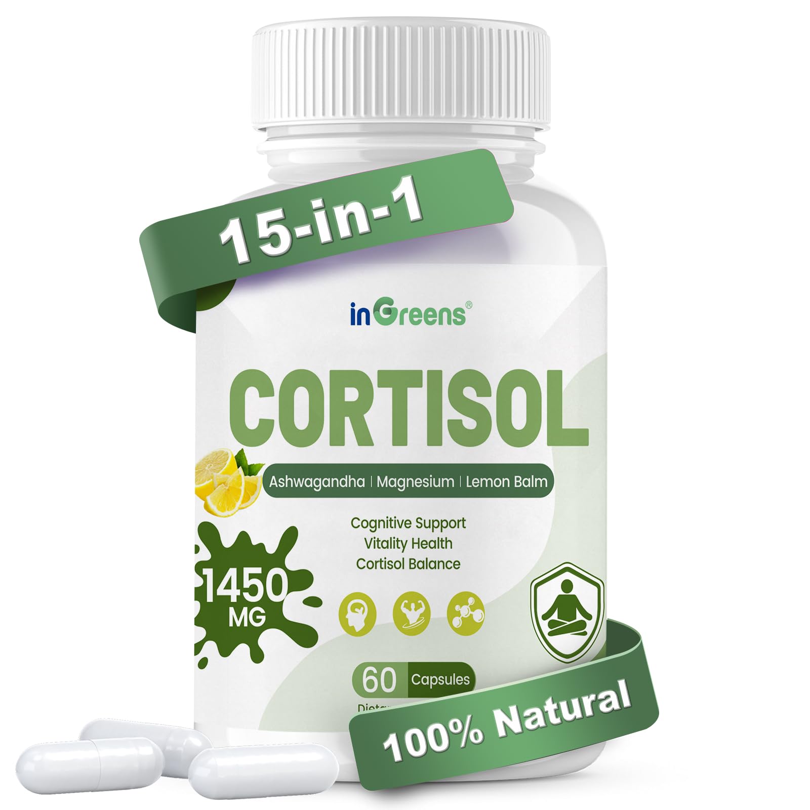 inGreens Cortisol Supplement – 15-in-1 Manager with Ashwagandha, L-Theanine & Magnesium (60 Capsules)