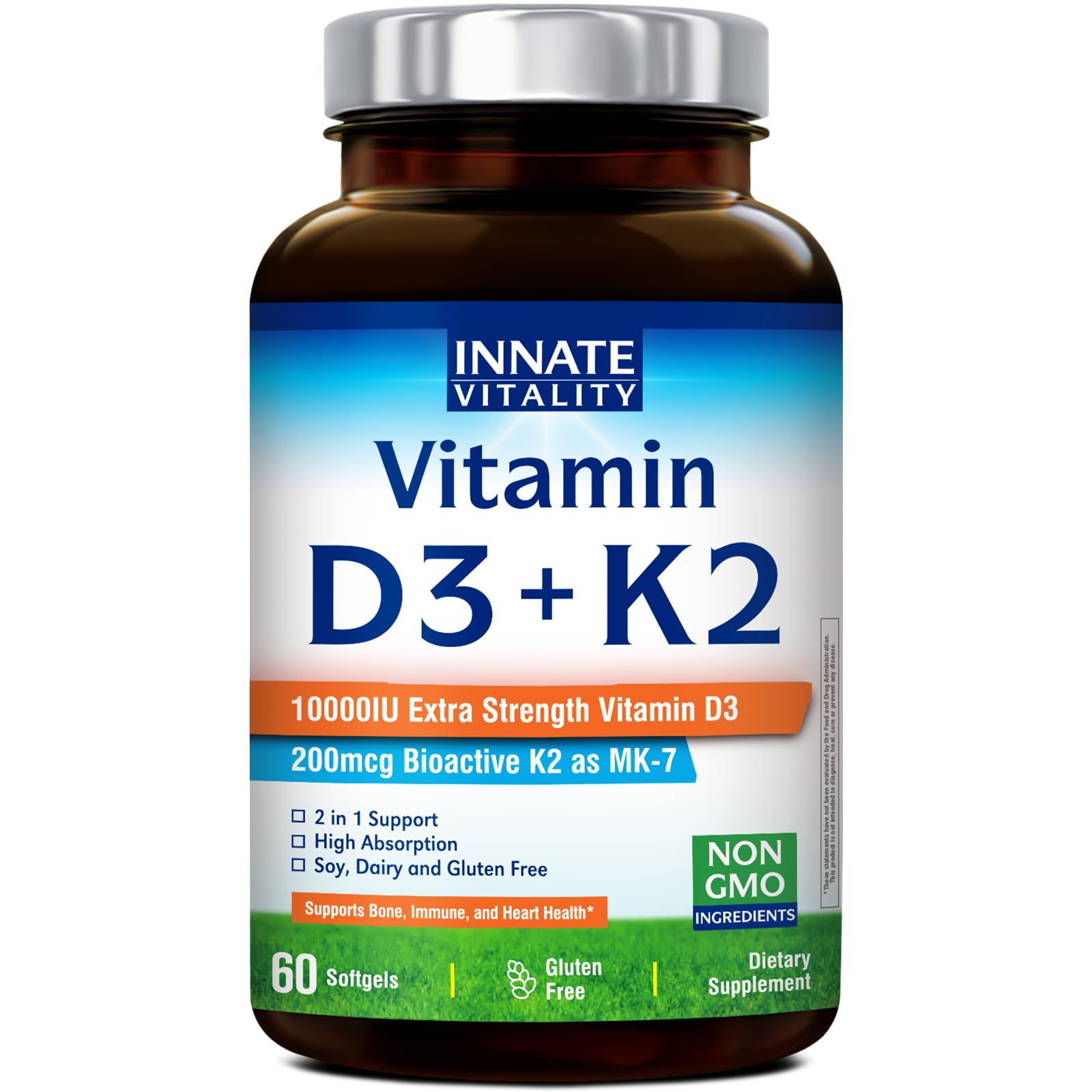 Innate Vitality D3 K2 Softgels — 10,000 IU D3 + 200 mcg MK-7 | 60 Softgels