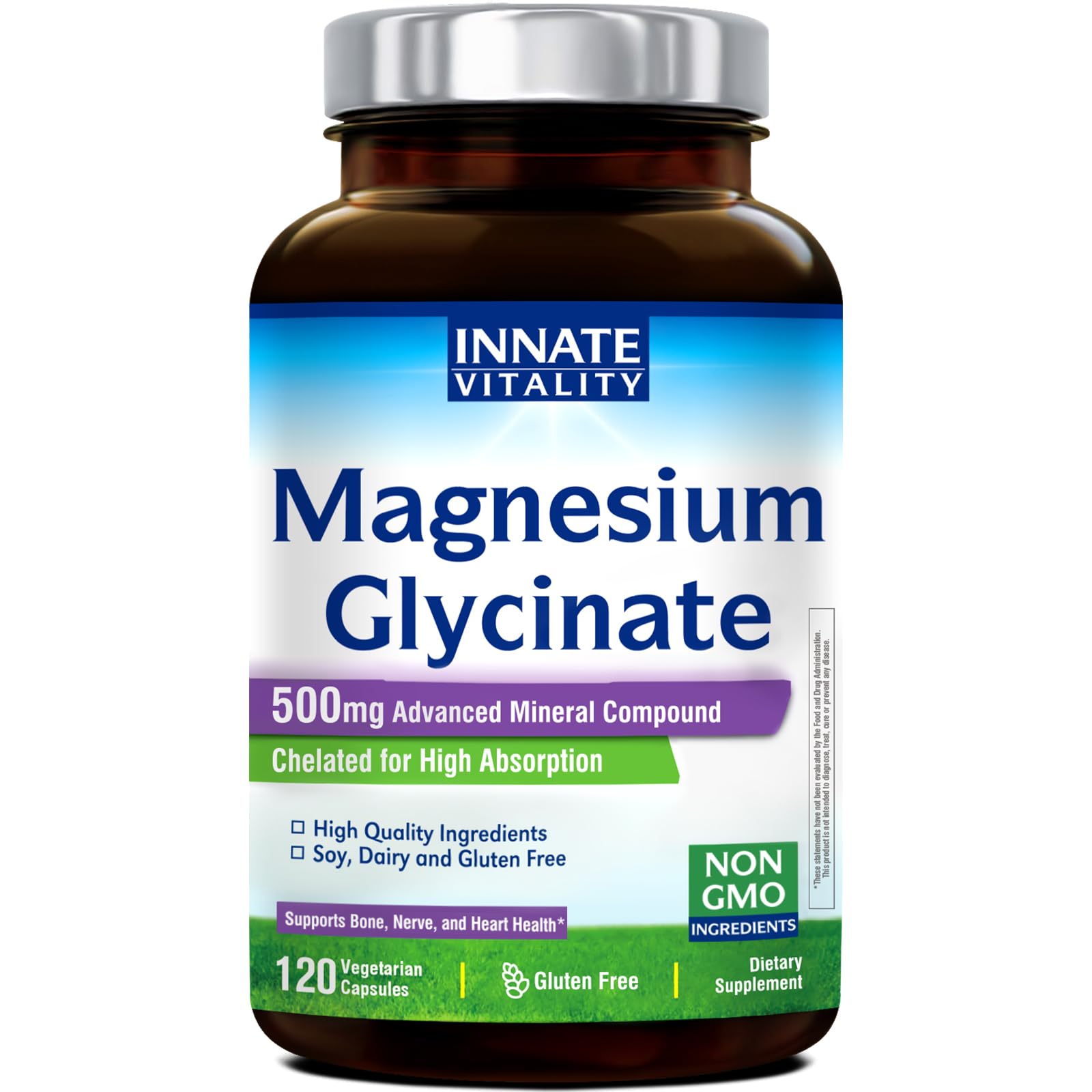 Innate Vitality Magnesium Glycinate 500mg | 70mg Elemental Mg | High Absorption | 120 Vegan Capsules
