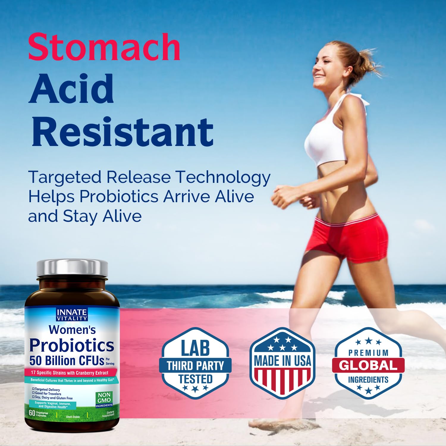 Innate Vitality Probiotics for Women - 50B CFU, 17 Strains, 60 Veggie Caps, Non-GMO, Prebiotics & Cranberry