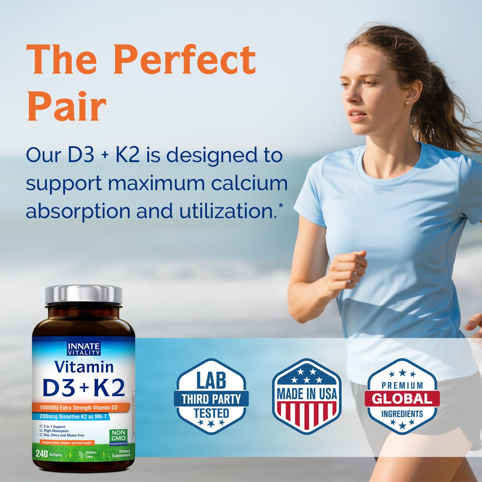 Innate Vitality D3 K2 Softgels 10,000 IU + MK-7 200 mcg | 240 Softgels | Non-GMO Gluten Free