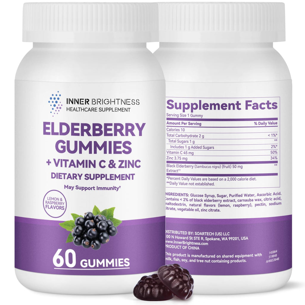 Inner Brightness Elderberry Gummies for Adults – 60 Count | Immune Support with Vitamin C & Zinc | Vegan, Non-GMO, Gluten-Free | 2-Month Supply