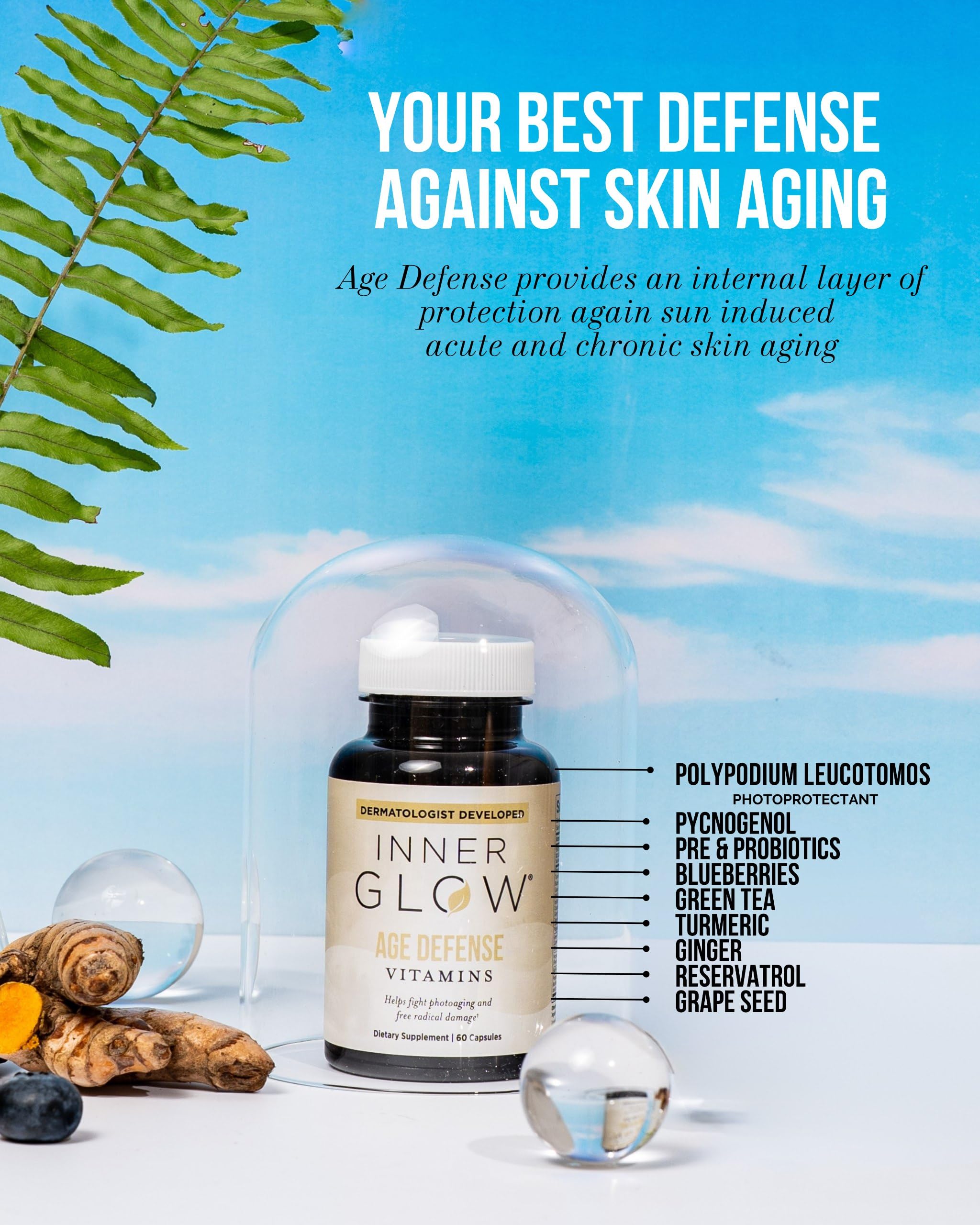 Inner Glow Age Defense Vitamins – Dermatologist & Plastic Surgeon Developed Antioxidant Formula for Photoaging and Melasma – Vegan, Gluten-Free – 60 Capsules