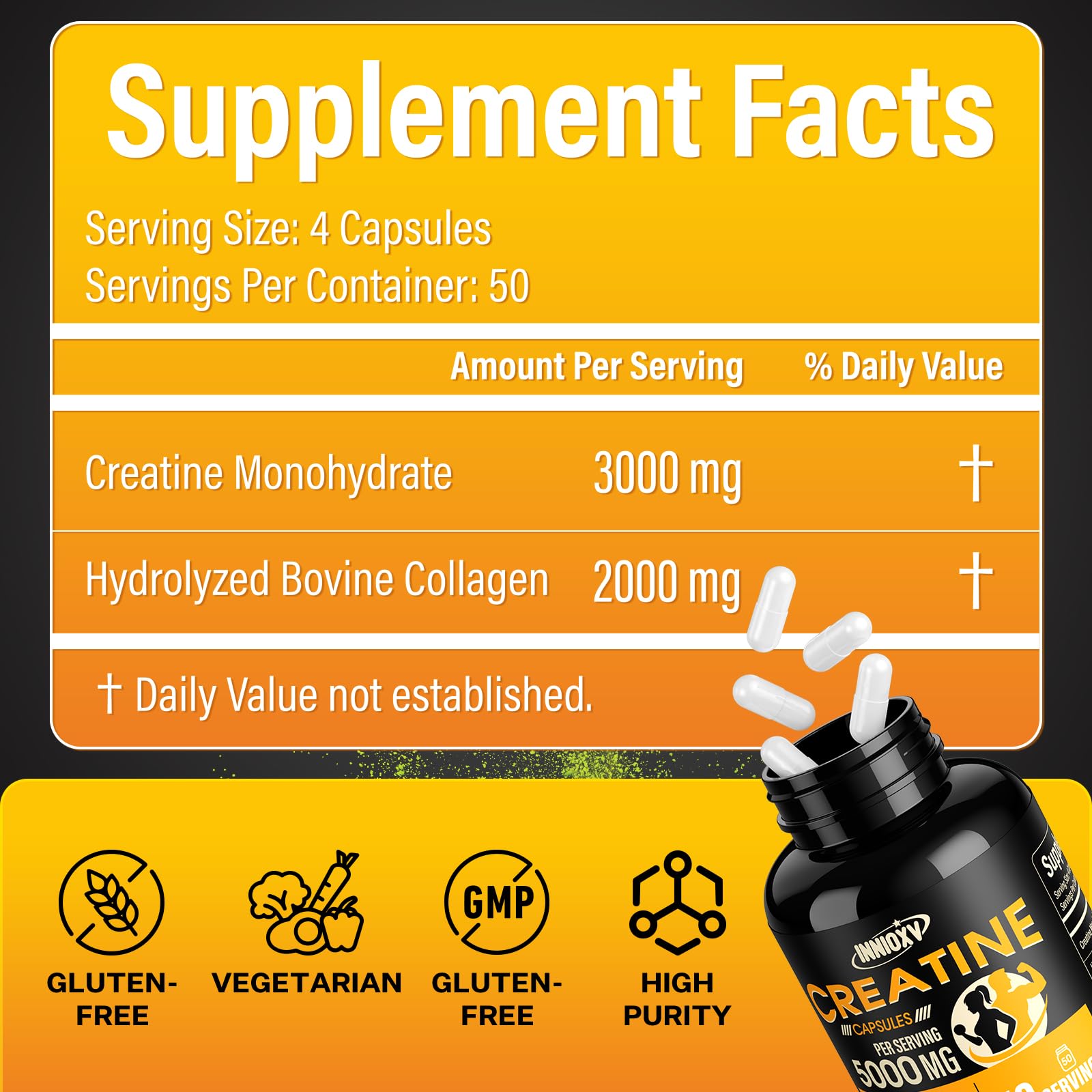 INNIOXV Creatine Monohydrate Capsules – 5000mg per Serving, with Hydrolyzed Collagen, Gluten Free