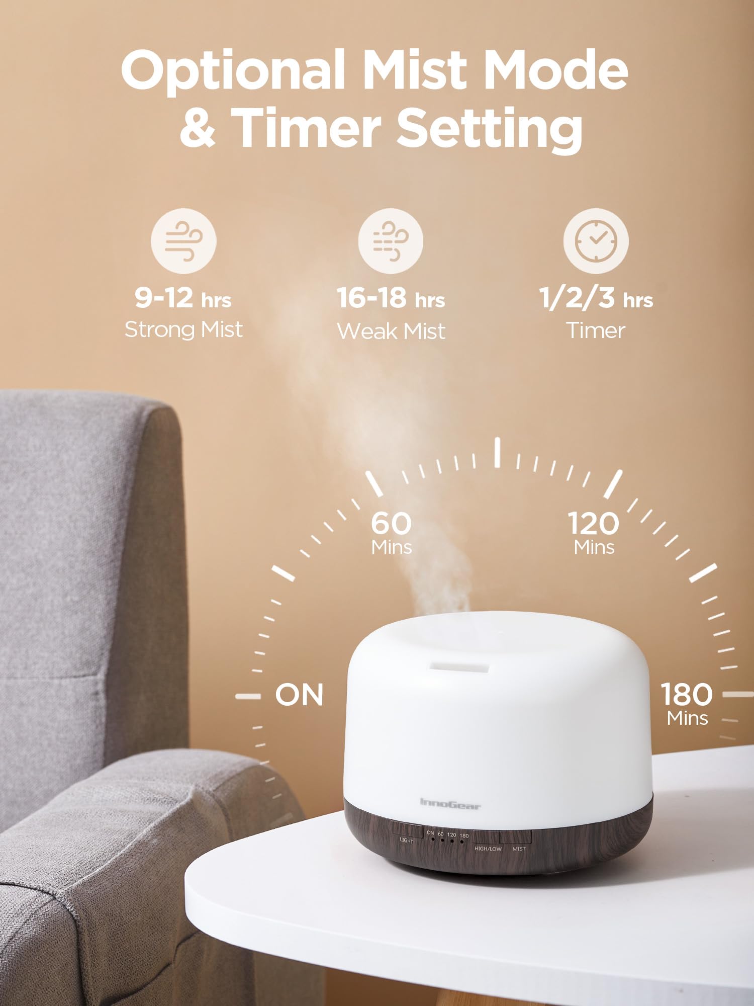 InnoGear 500ml Essential Oil Diffuser with Remote – Ultrasonic Humidifier (Brown)