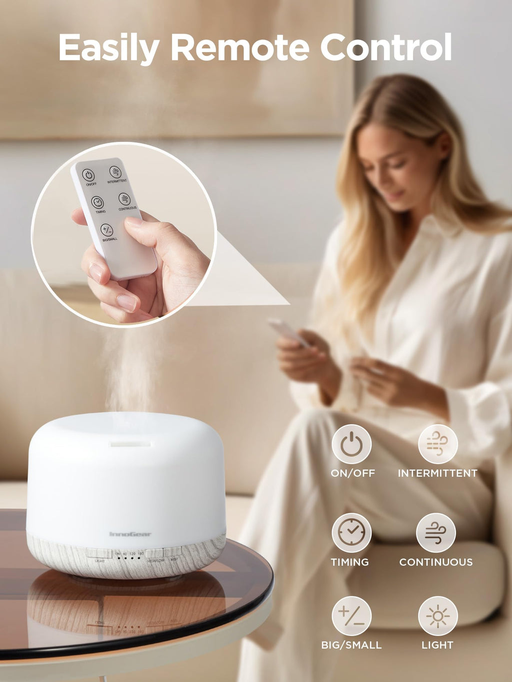 InnoGear 500ml Diffuser with Remote – Ultrasonic Humidifier (White)