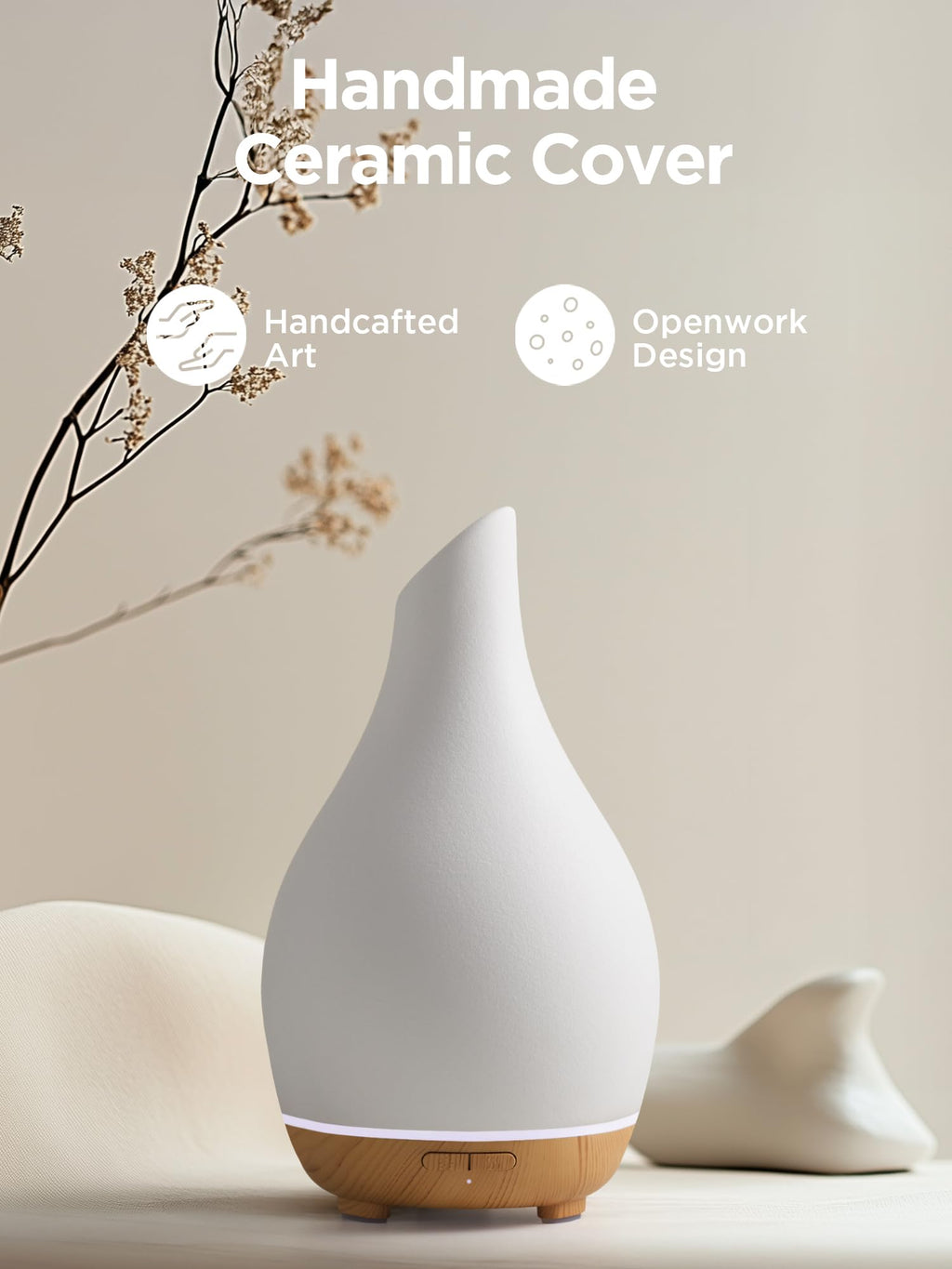 InnoGear 150ml Ceramic Diffuser | White Vase-Shaped Ultrasonic Essential Oil Diffuser
