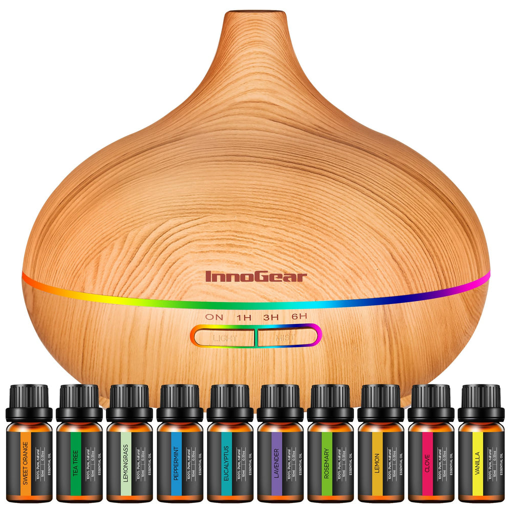 InnoGear Aromatherapy Diffuser + 10 Essential Oils Set – 400ml Ultrasonic Diffuser, 7-Color LED, Auto Off
