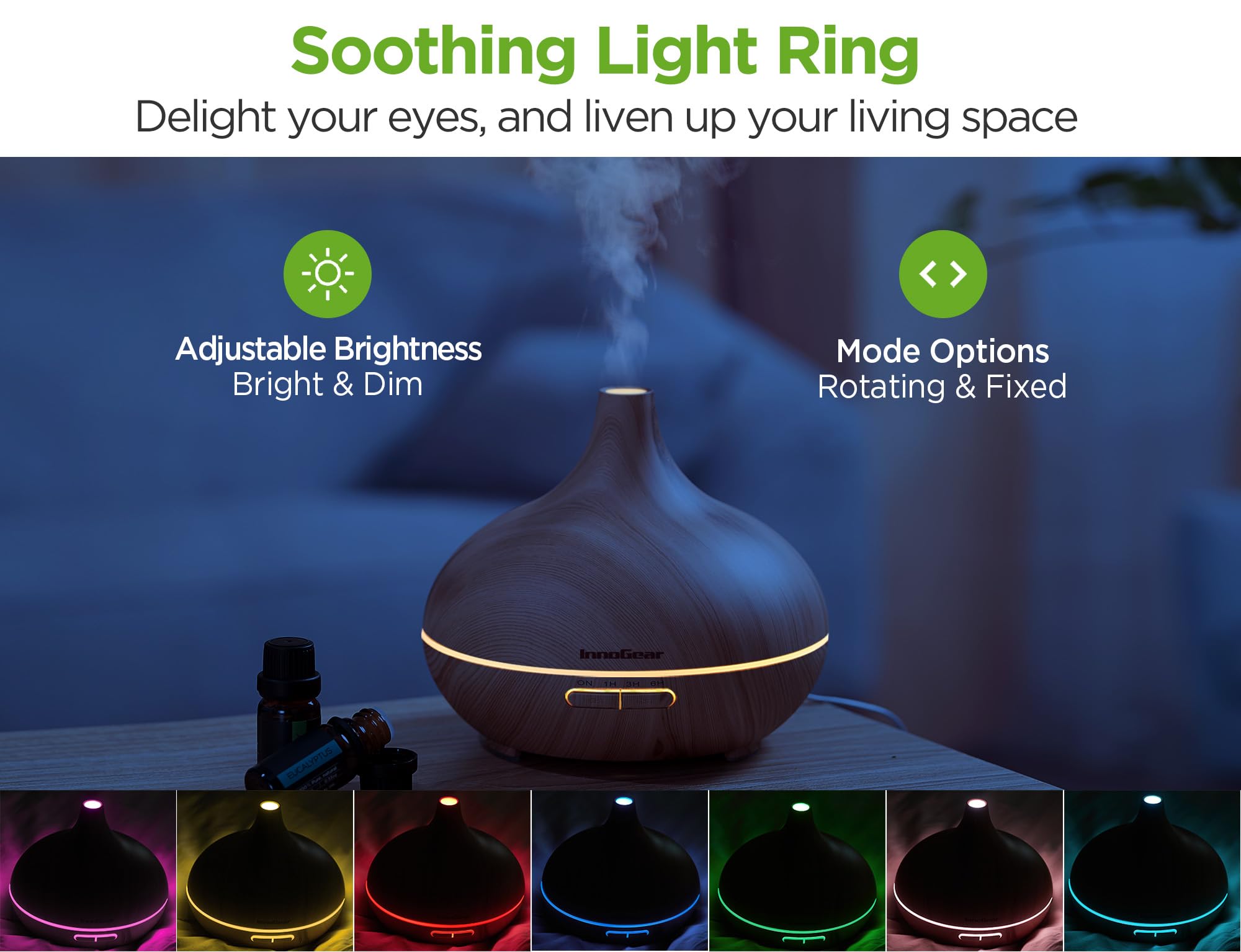 InnoGear Aromatherapy Diffuser + 10 Essential Oils Set – 400ml Ultrasonic Diffuser, 7-Color LED, Auto Off