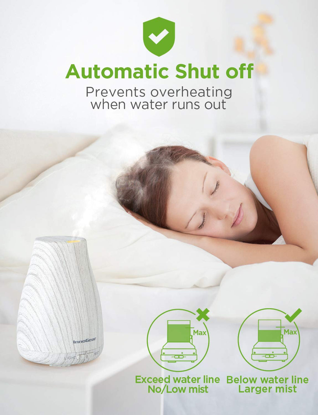 InnoGear Essential Oil Diffuser | Ultrasonic Humidifier for Home Aromatherapy | 7-Color LED, 2 Mist Modes, Auto Off | White & Grey