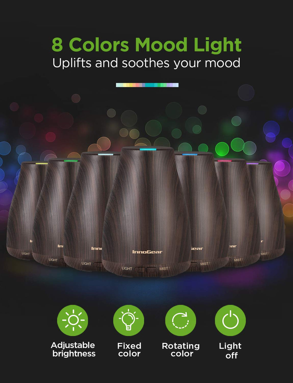 InnoGear Essential Oil Diffuser – Ultrasonic Diffuser for Home Aromatherapy, 7-Color LED, Auto Off, 2 Mist Modes, Brown