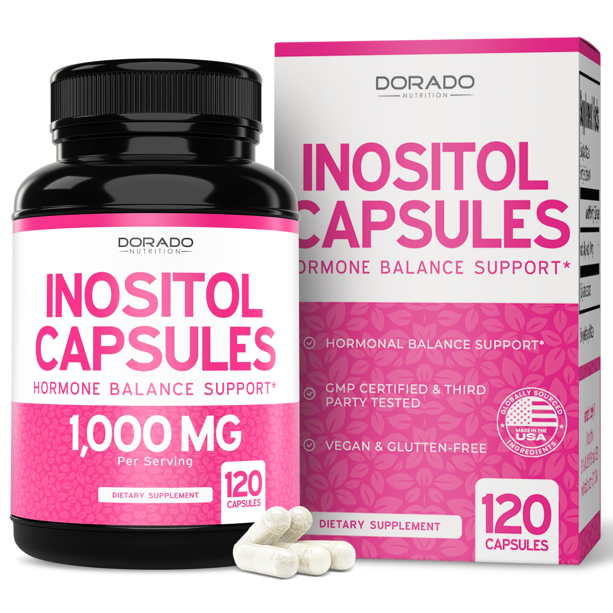 Myo-Inositol Capsules 1000mg Per Serving – Hormone Balance Support for Women, Vegan, Gluten Free, Made in USA (120 Count)