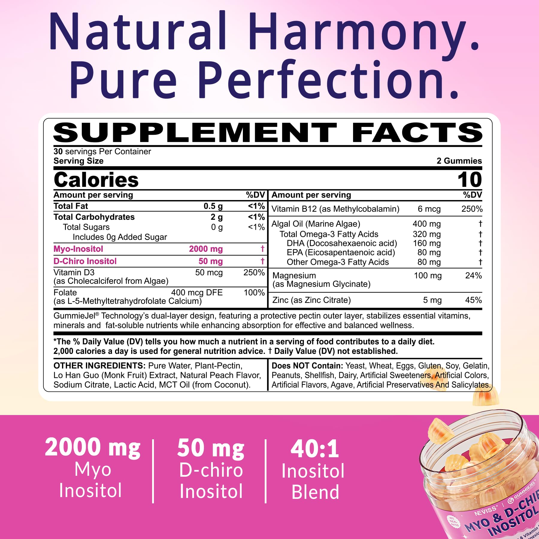 Myo-Inositol & D-Chiro Inositol Gummies for Hormone Balance – Sugar Free, 40:1 Ratio, Vegan, Ovarian Health (60 Cts)