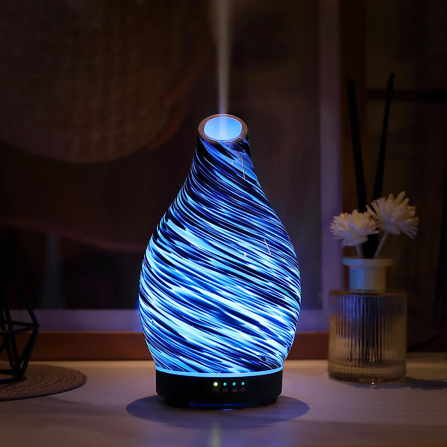 INRORANS Aromatherapy Diffuser Vase – Art Glass Ultrasonic Humidifier with Night Light