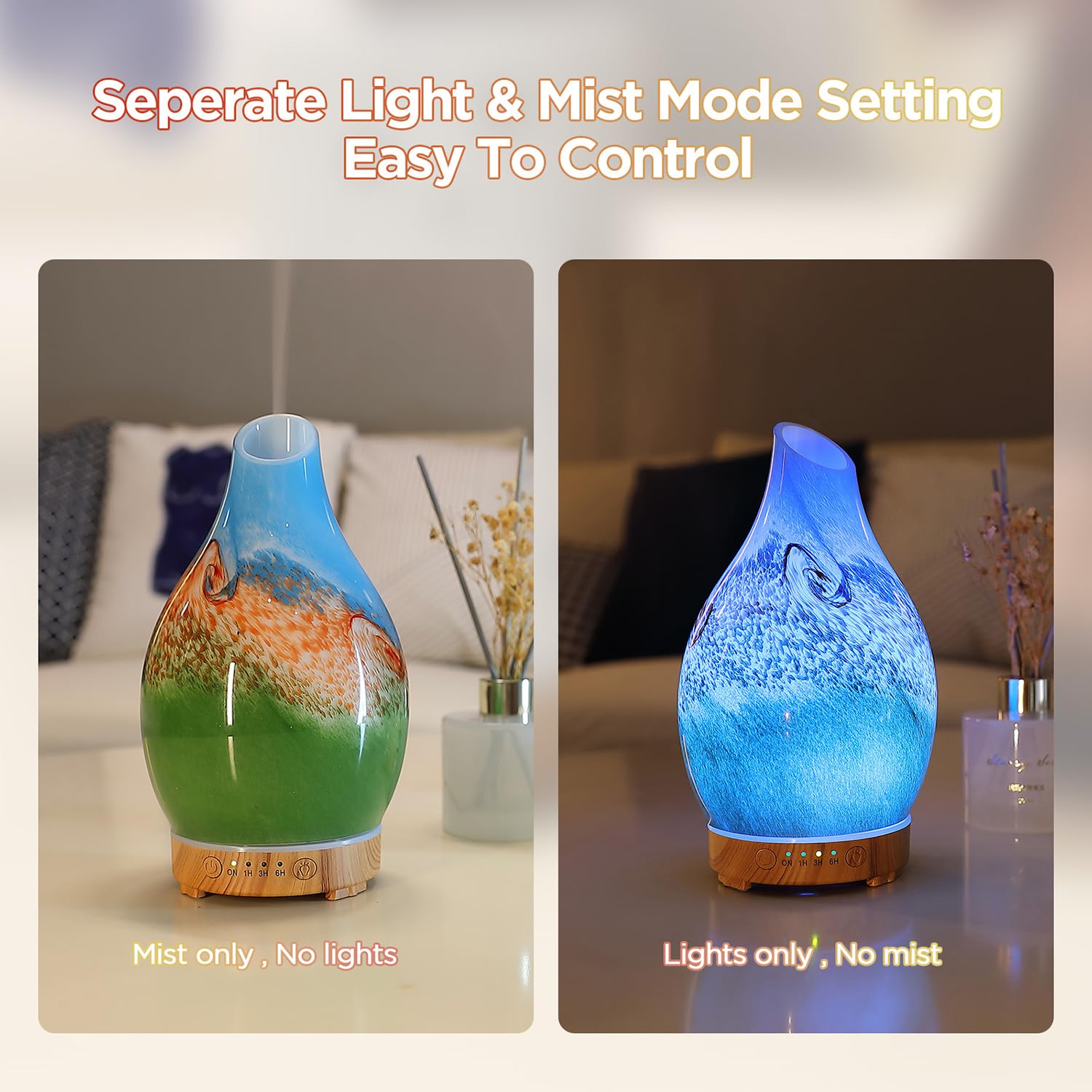 INRORANS Vase Diffuser 160ml – Art Glass Ultrasonic, Auto Shut-Off, 7 LED Colors
