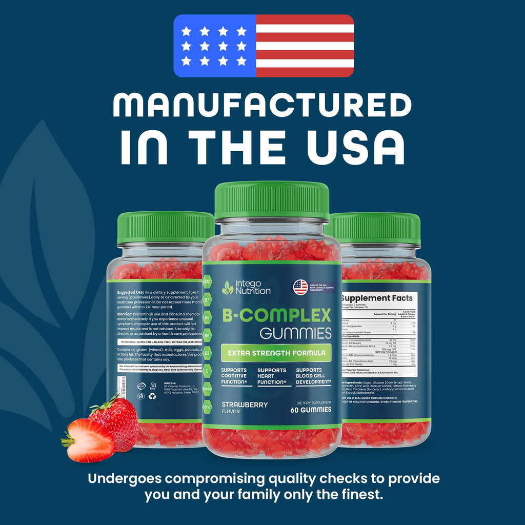 INTEGO NUTRITION Vitamin B Complex Gummies for Adults – Strawberry Flavor, 60 Count | Energy & Brain Health