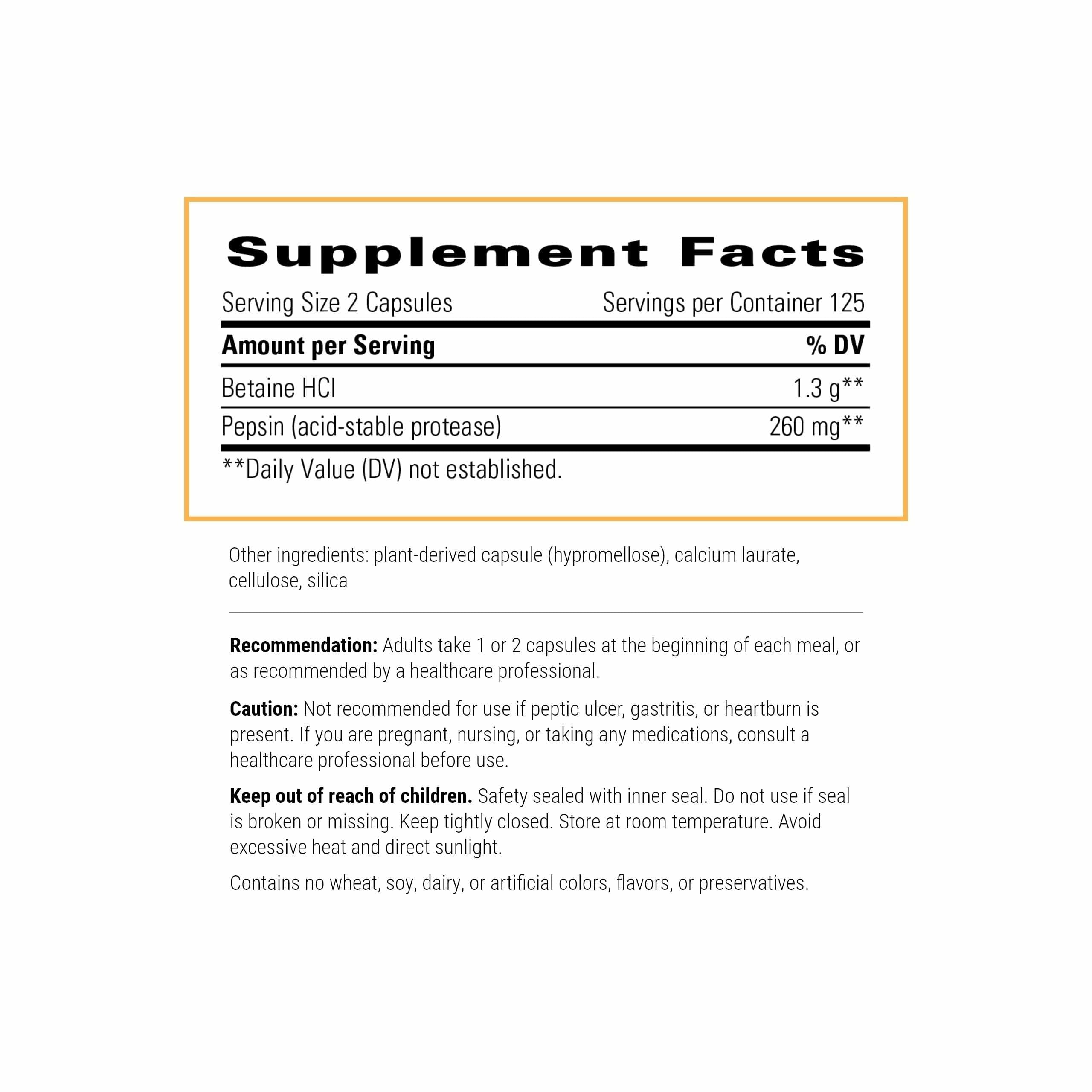 Integrative Therapeutics Betaine HCl – Digestive Support, Dairy-Free, 250 Capsules