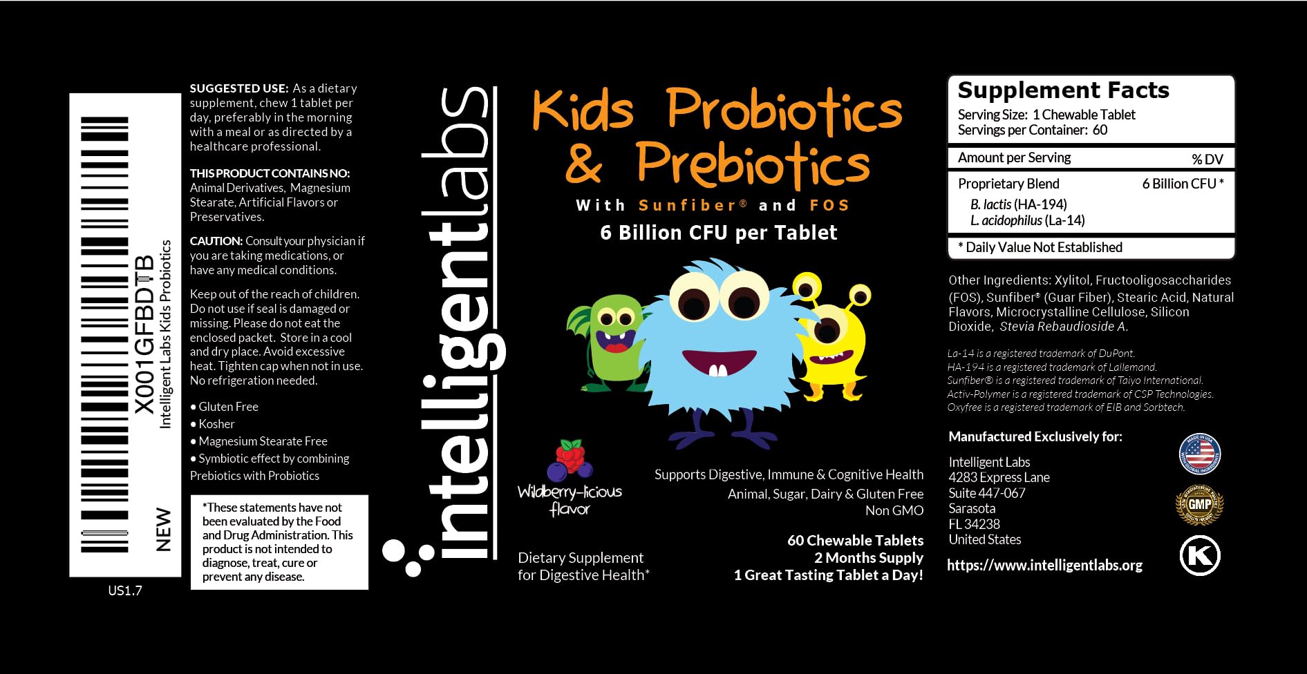 Intelligent Labs 6B CFU Kids Probiotic with Prebiotics – Sunfiber & FOS – 60-Day Chewable