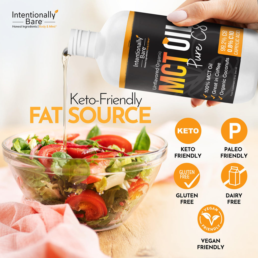Intentionally Bare Pure C8 MCT Oil Organic – Brain Octane MCT Oil for Keto, Vegan & Paleo Diets – Unflavored 32oz