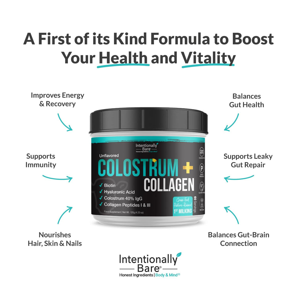 Intentionally Bare Colostrum & Collagen Powder – Grass-Fed, Biotin, Hyaluronic Acid | 60 Servings
