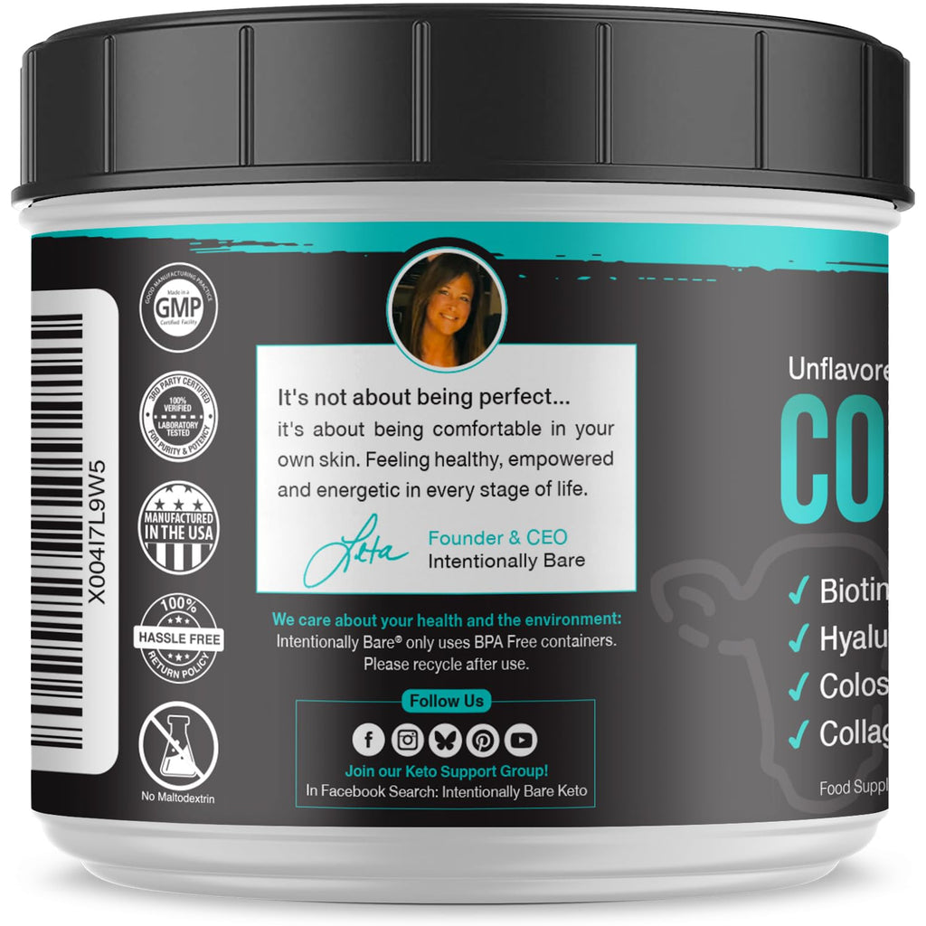 Intentionally Bare Colostrum & Collagen Powder – Grass-Fed, Biotin, Hyaluronic Acid | 60 Servings