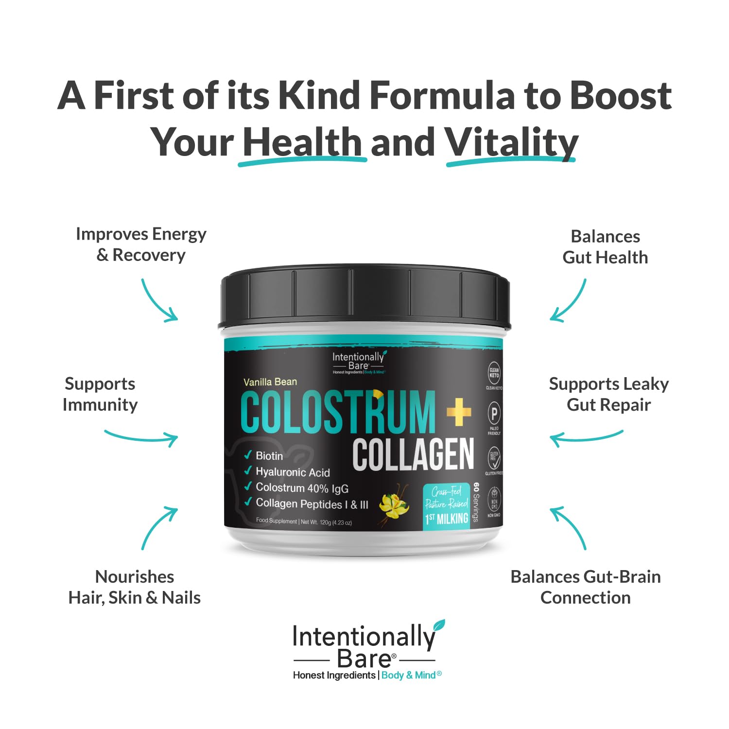 Intentionally Bare Colostrum & Collagen Powder – Vanilla Bean, Grass-Fed, 60 Servings