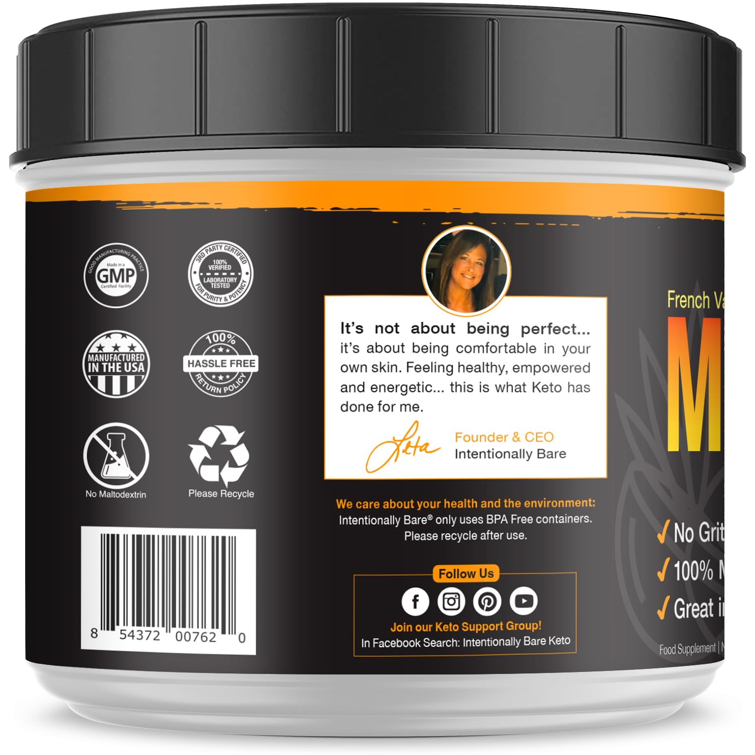 Intentionally Bare MCT Oil Powder French Vanilla Coffee Creamer – C8/C10 Keto Energy, 40 Servings