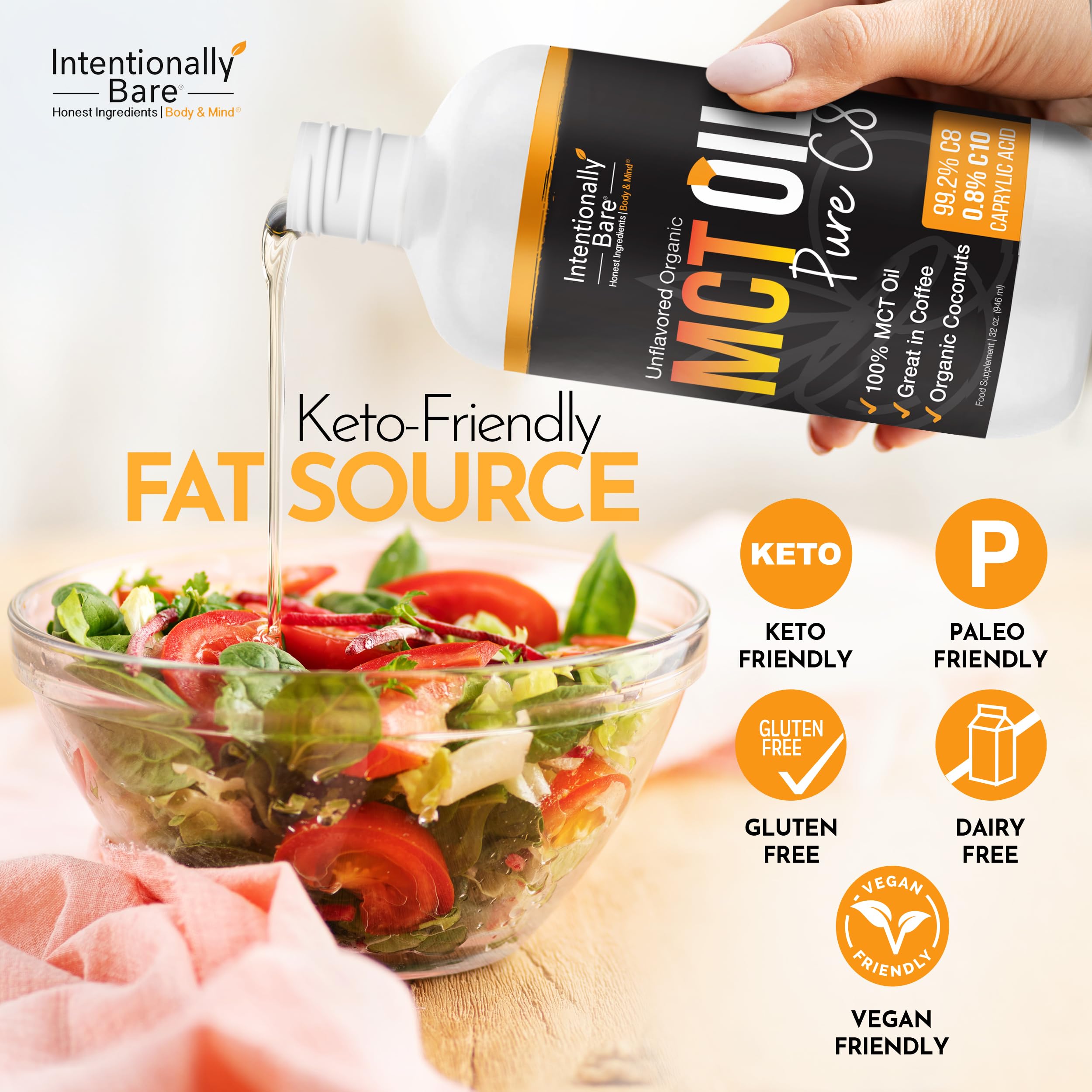 Intentionally Bare Pure C8 MCT Oil Organic – Brain Octane MCT Oil for Keto, Vegan & Paleo Diets – Unflavored 32oz