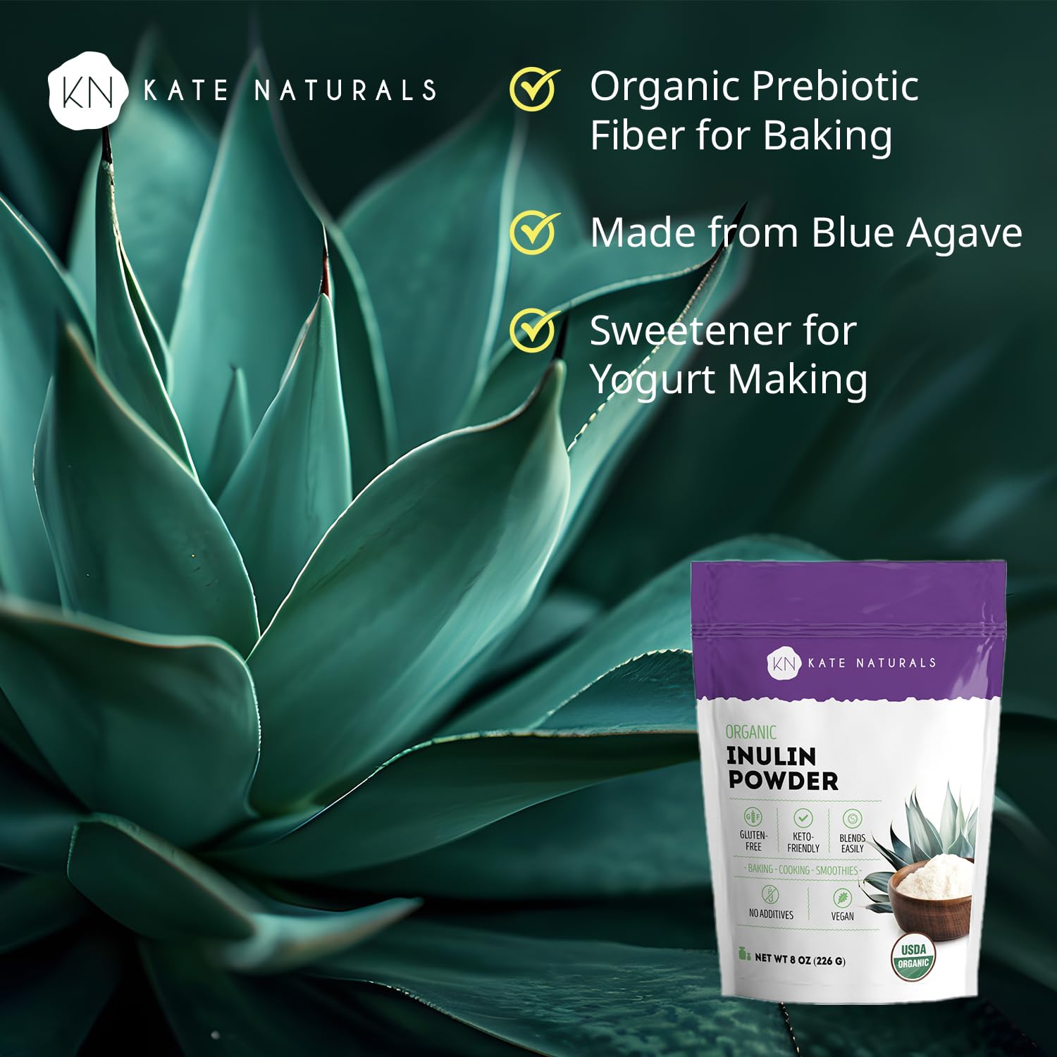 Kate Naturals Inulin Powder Organic Blue Agave (8oz) - Prebiotic Fiber for Coffee, Yogurt & Smoothies