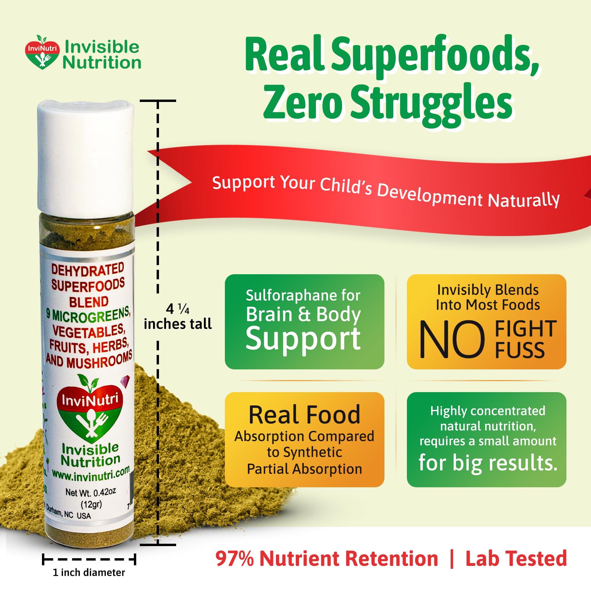 InviNutri Microgreens – Real-Food Multivitamin Powder for Neurodivergent & Picky Eaters | 40x Micronutrients, 30mg Sulforaphane | US Made | Trial Size