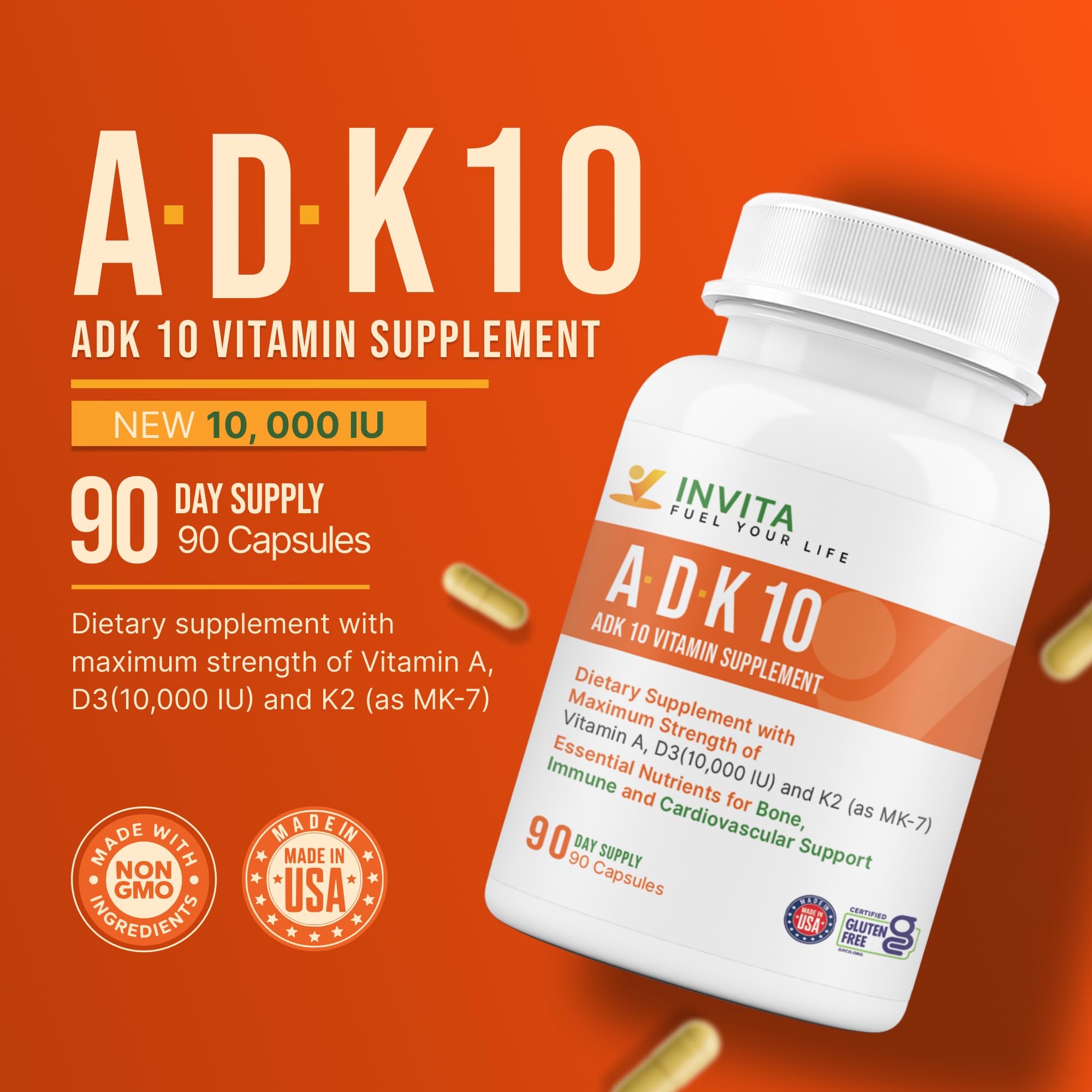 INVITA ADK 10 Vitamin Supplement – 90 Capsules | A, D3 10,000 IU & K2 MK-7