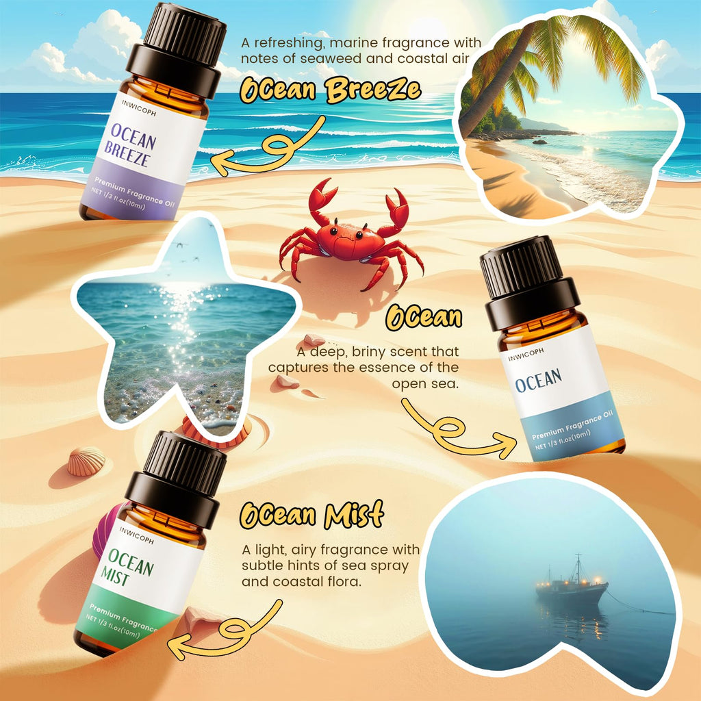 INWICOPH Beach Fragrance Oil Set – 6x10ml for Diffusers, Candles & Soaps