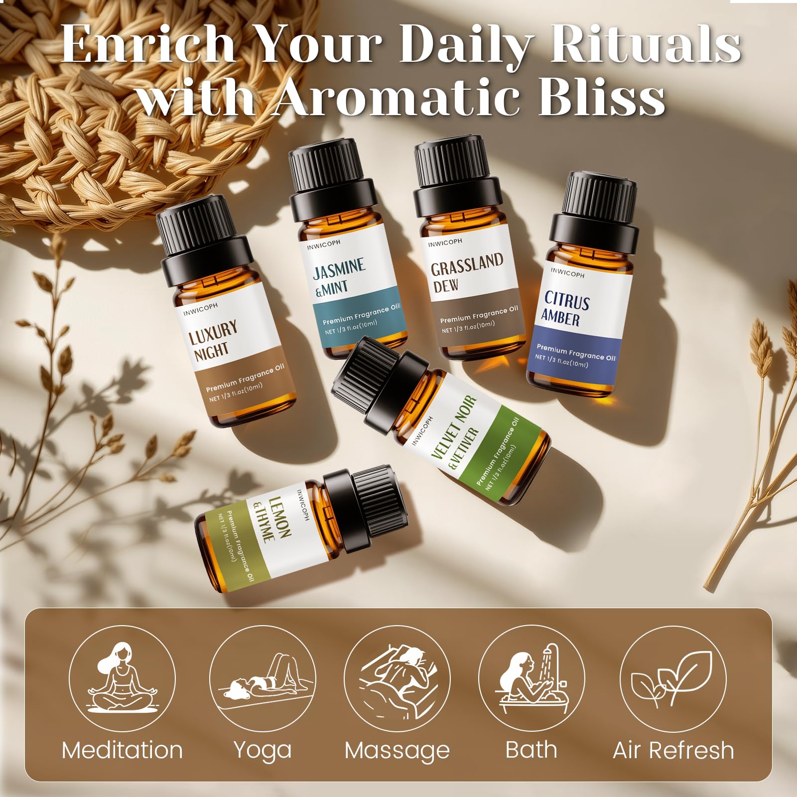INWICOPH Hotel Fragrance Oil Set – 6x10ml Diffuser Oils for Candle & Soap Making