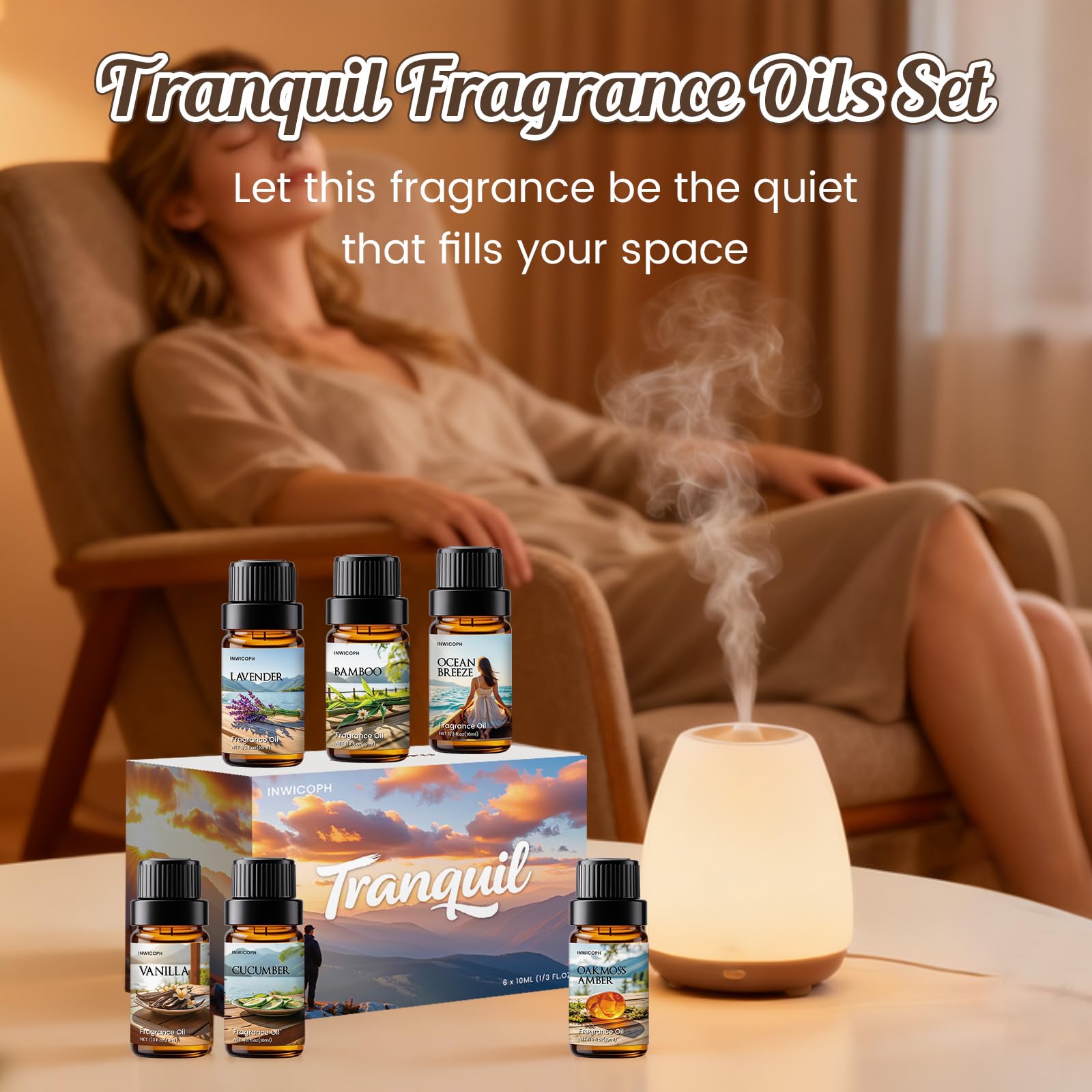 INWICOPH Tranquil Fragrance Oil Set | Nautal Tranquil Essential Oils for Diffuser, Candle & Soap Making