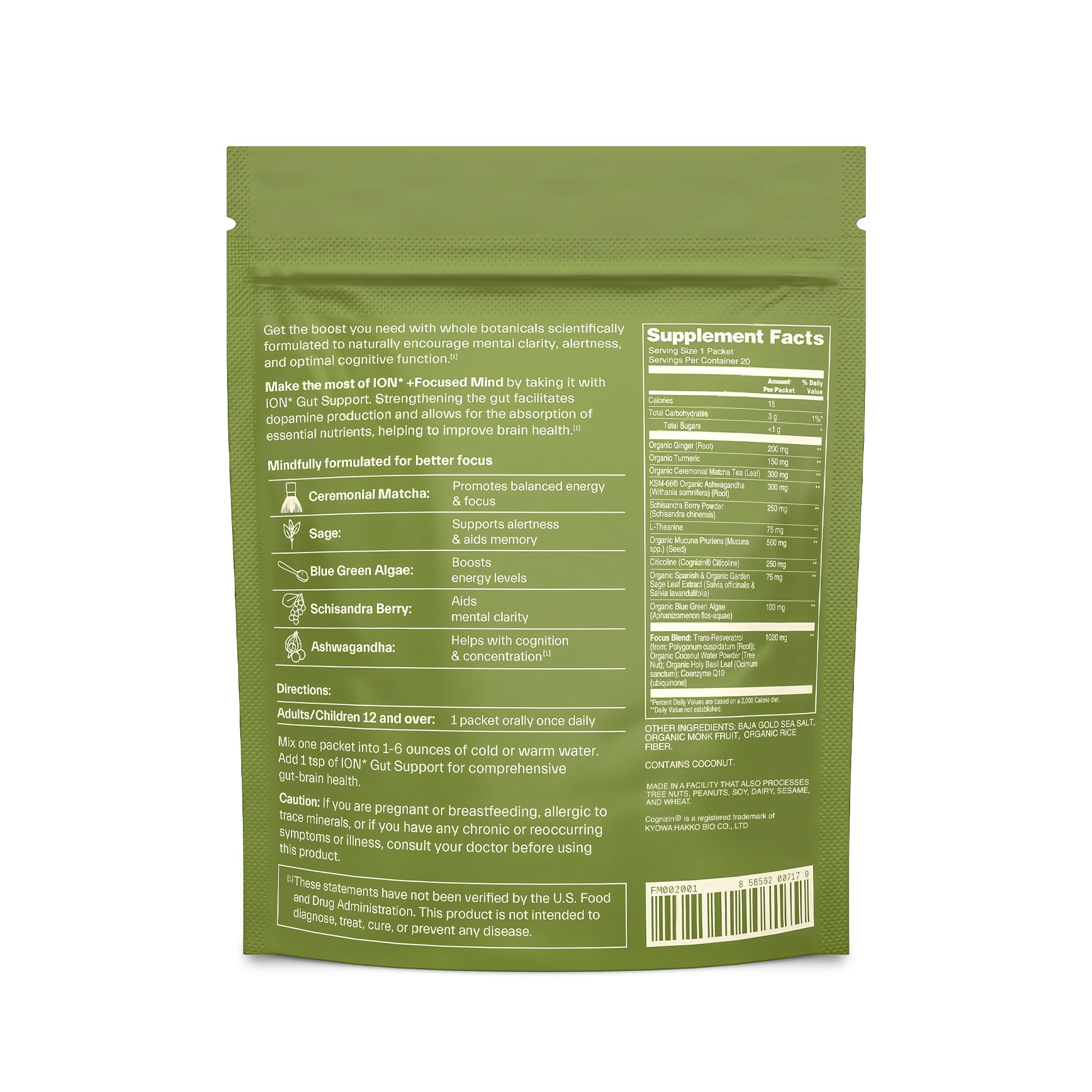 ION* Focused Mind Nootropic Drink Mix – Memory, Focus & Calm (20 Packets)