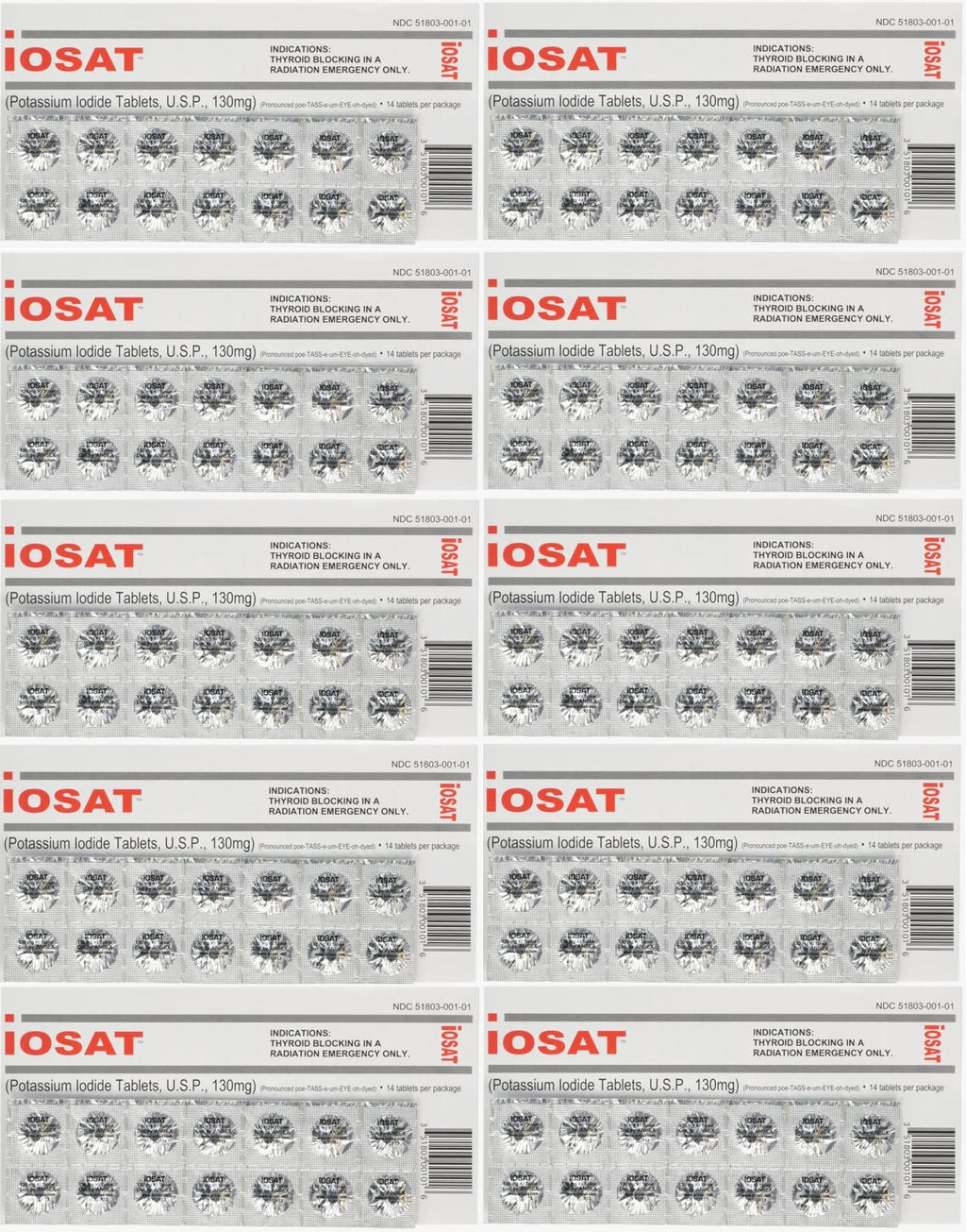 iOSAT Potassium Iodide Tablets 130 mg – 14 Tablets per Pack, 10 Packs