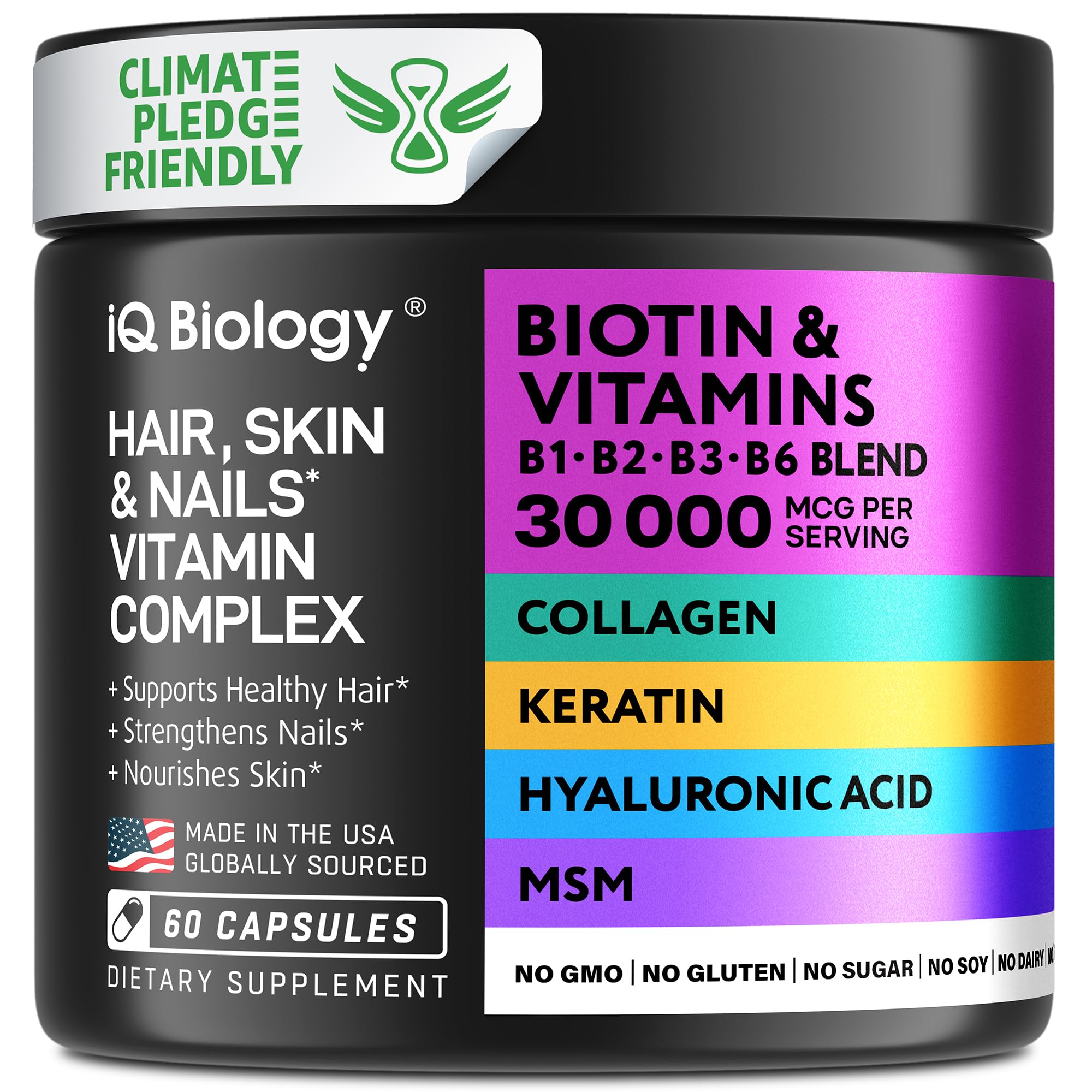 IQ BIOLOGY Biotin Collagen Keratin – Hair Growth Vitamins for Women & Men, 10000mcg Biotin + Hyaluronic Acid