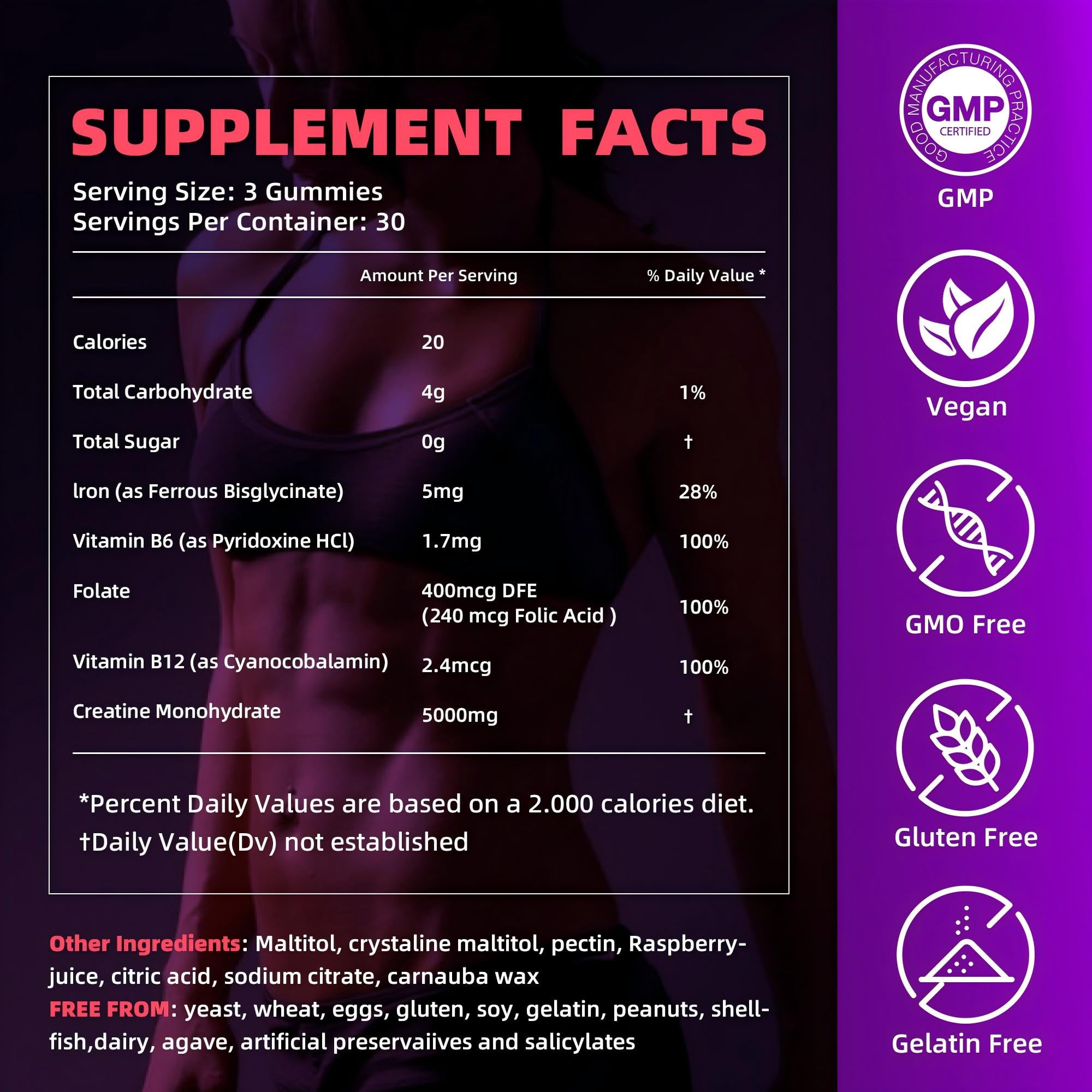IRIDESICENT Creatine Gummies 5000mg – Iron, B6 & B12, Sugar Free, 90 Raspberry