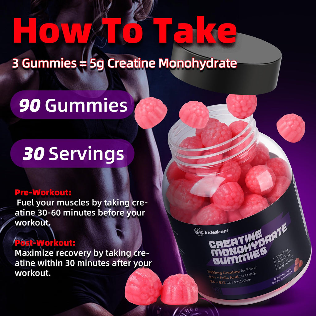 IRIDESICENT Creatine Gummies 5000mg – Iron, B6 & B12, Sugar Free, 90 Raspberry