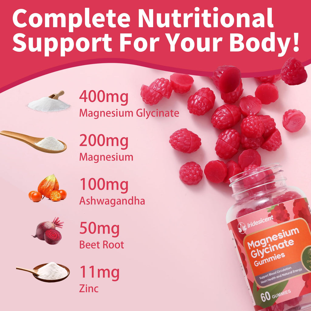 IRIDESICENT Magnesium Glycinate Gummies 400mg – Sugar-Free Cherry, Ashwagandha, Zinc, Vegan (120 Gummies)