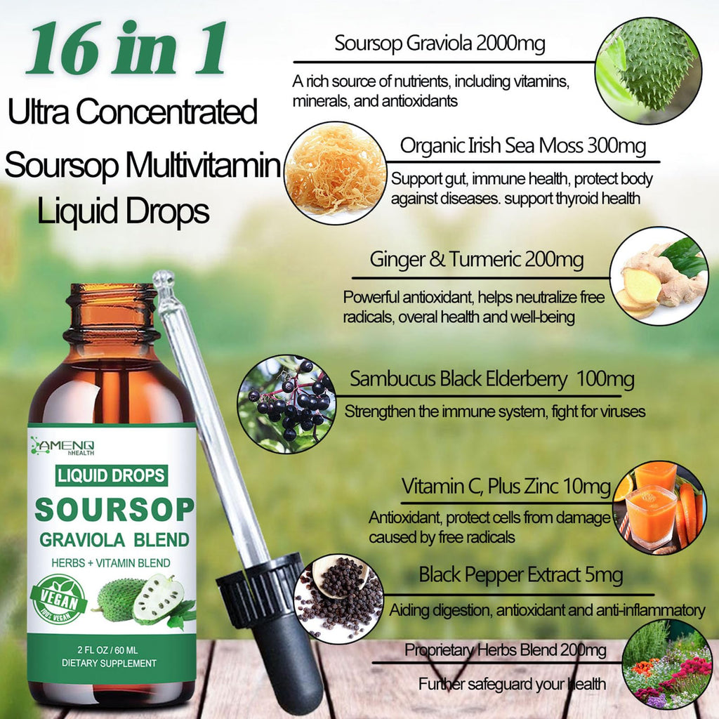 Soursop Graviola Liquid Drops – Organic 16-in-1 Immune Support (2 fl oz) with Sea Moss, Elderberry, Vitamin C & Zinc