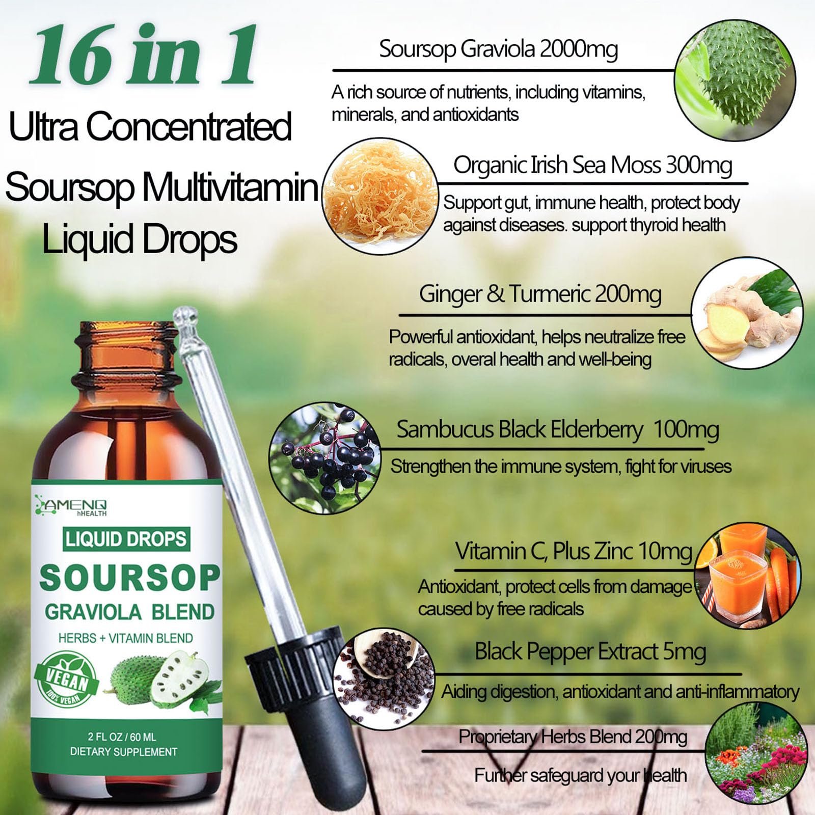Soursop Graviola Liquid Drops – Organic 16-in-1 Immune Support (2 fl oz) with Sea Moss, Elderberry, Vitamin C & Zinc