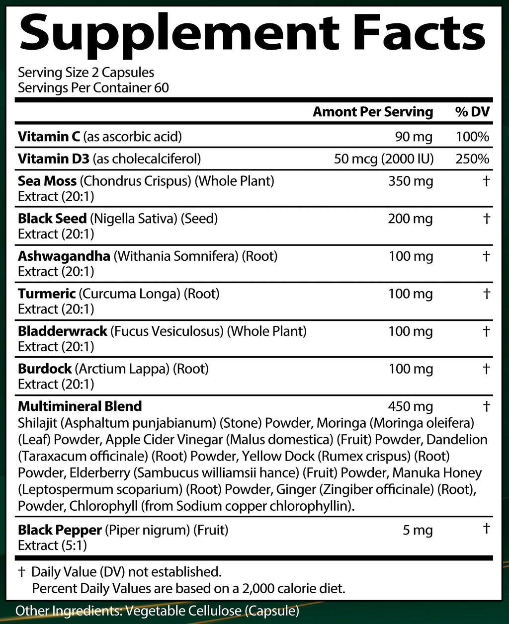 Sea Moss + Black Seed Oil Capsules with Ashwagandha & Ginger – Organic Multimineral Sea Moss (120 Capsules) USA