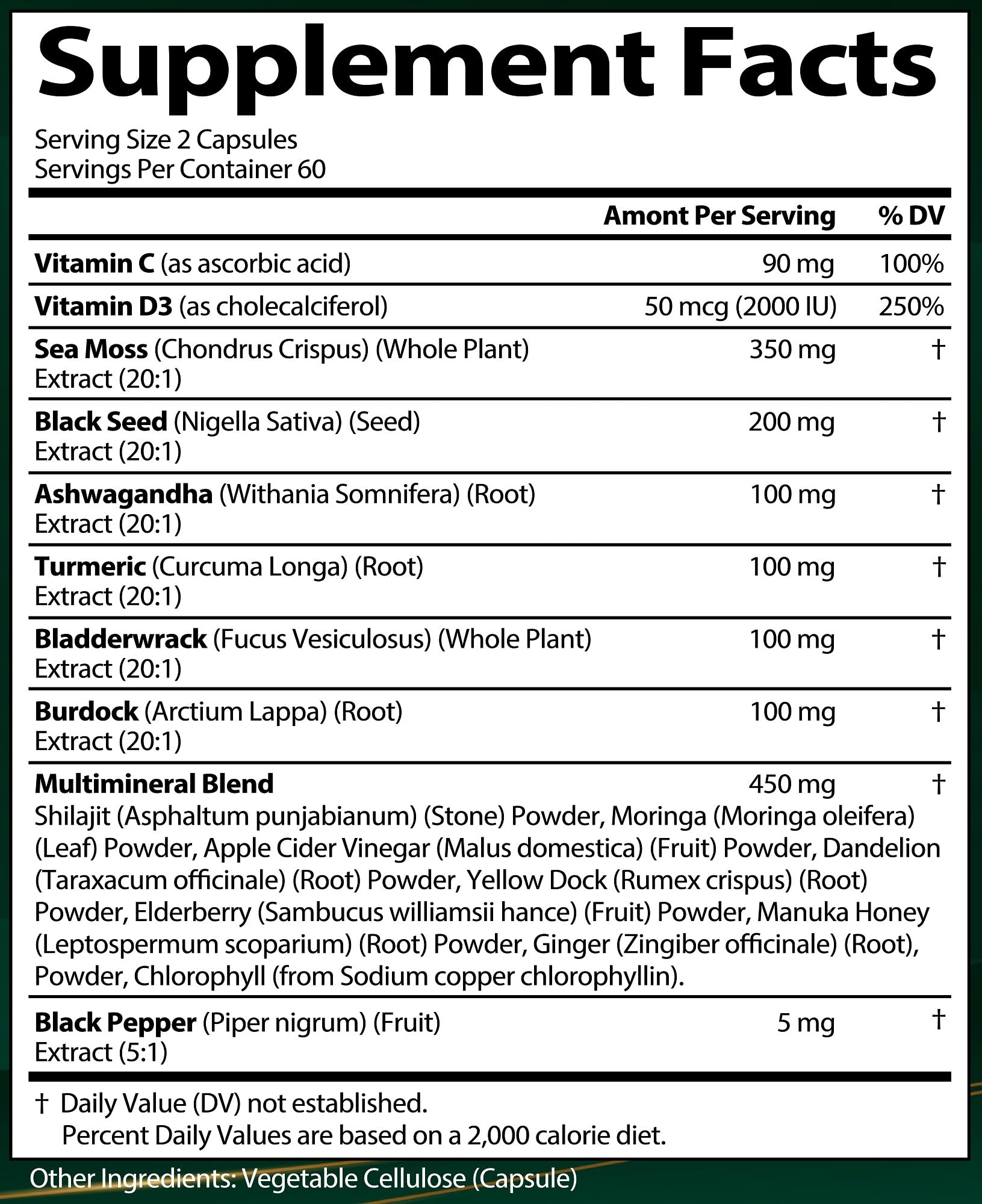 Sea Moss + Black Seed Oil Capsules with Ashwagandha & Ginger – Organic Multimineral Sea Moss (120 Capsules) USA